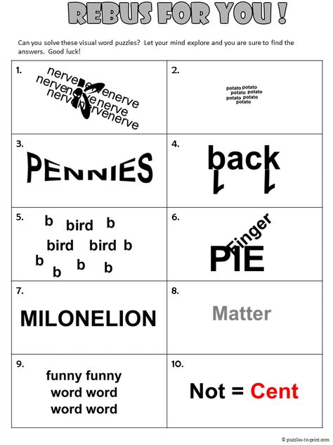 Get your brain thinking in new and creative ways with a few rebus puzzles.  Here is a free printable sheet of ten fun visual word challenges. Word Puzzles Brain Teasers, Puzzle Games For Adults, Word Brain Teasers, Printable Brain Teasers, Brain Teasers Riddles, Rebus Puzzles, Brain Teasers For Kids, Word Challenge, Brain Teaser Puzzles