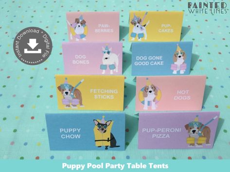 PRINTABLE PARTY SUPPLIES | Doggy Paddle Pool Party | PAINTED WHITE LINES Puppy Adoption Birthday Party, Printable Food Labels, Pet Adoption Birthday Party, Food Label Template, Pool Party Cakes, Pool Party Food, Party Cake Table, Printable Food, Party Food Labels