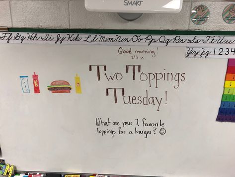 Whiteboard Prompts Tuesday, Tuesday Morning Meeting Questions, Morning Messages Classroom, Elementary Morning Announcement Ideas, Tuesday Question Of The Day, Tuesday Whiteboard Message, Tuesday Whiteboard Prompt, Tuesday Morning Meeting, Tuesday Whiteboard