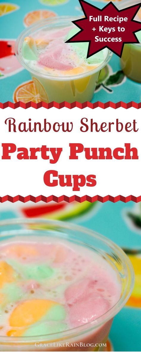 Rainbow Sherbet Party Punch Cups are an easy shortcut of my original Sherbet Punch recipe that can be made with lemonade right in your party cups. No punch bowl needed for this one. I'm sharing the basic recipe plus easy ways to customize for your party. | Sherbert Party Punch | Sherbert Lemonade | Sherbet Lemonade | Punch Cups | Sherbet punch Pink lemonade | #Sherbet #Punch #Party Party Punch Sherbert, Punch Sherbert, Rainbow Sherbert Punch, Best Sherbet Punch Recipe, Lime Sherbert Punch, Sorbet Punch, Birthday Punch, Raspberry Lemonade Punch, Best Christmas Punch Recipe