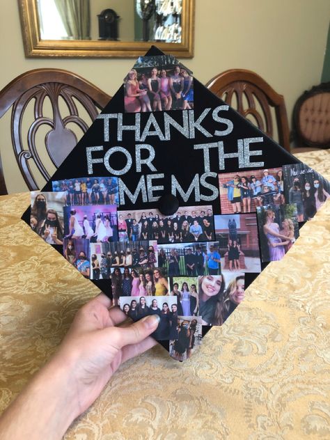 Grad Cap Ideas Picture Collage, Picture Collage Graduation Cap, Grad Cap Picture Collage, Photo Collage Grad Cap, Picture Grad Cap, Grad Cap With Pictures, Graduation Cap Designs With Pictures, Collage Of Pictures, Senior Year Things