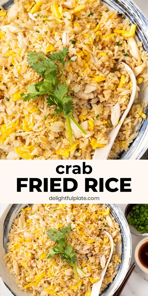 This Crab Fried Rice is so simple but extremely tasty with natural sweetness from crab meat and richness from eggs. The dish is enjoyed in Vietnam, Thailand and Cambodia. Great for everyday meals as well as special occasions. #friedrice #crabmeat #asianrecipes #healthyrecipes Crab Meat Rice Bowl, Crab Rice Bowl, Crab Rice Recipe, Crab Fried Rice Recipe, Crab Fried Rice, Crab Rice, Canned Crab Meat, Crab Fries, Heritage Recipes