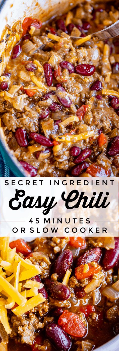 Quick and Easy Chili Recipe (45 Minutes!) from The Food Charlatan. A super easy and quick chili recipe for busy weeknights! You can put it together in 45 minutes, or make it in the slow cooker. This homemade chili is packed with flavor and a secret ingredient that I wasn't prepared to like. But I'm a convert now! Minimal chopping required. Mostly it's just opening cans! #easy #recipe #chili #best #fromscratch #homemade #brownsugar #kidneybeans #stovetop #crockpot #slowcooker #quick #beans Quick Crockpot Chili, Quick Chili Recipe Crockpot, Quick Chili Recipe Stovetop, Fall Chili Recipes, Quick Chili Recipe, Quick Chili, Food Charlatan, Easy Chili, Chili Recipe Easy