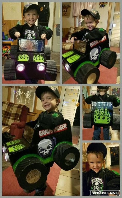 My son's monster truck halloween costume.  He wanted to be grave digger and that's what he got!  halloween, monster truck,  grave digger,  cool costume,  toddler costume, different Monster Truck Ideas, Diy Boy Halloween Costume Kids, Grave Digger Costume Diy, Grave Digger Halloween Costume, Gravedigger Costume, El Toro Loco Halloween Costume, Box Car Costume, Monster Jam Halloween Costume, Diy Toddler Halloween Costumes For Boys