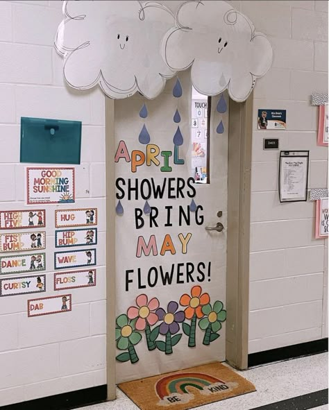 April Daycare Door Ideas, Weather Themed Classroom, Preschool Classroom Inspiration, Special Needs Classroom Ideas, April Door Ideas For Classroom, Kindergarten Classroom Door Ideas, April Door Decorations Classroom, Spring Preschool Door Ideas, Classroom Door Spring