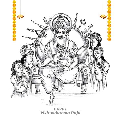 Vishwakarma God, Vishwakarma Jayanti, Happy Vishwakarma Puja, Lord Vishwakarma, Vishwakarma Puja, Blue Sky Clouds, Celebration Card, Art Painting Gallery, Cute Polymer Clay