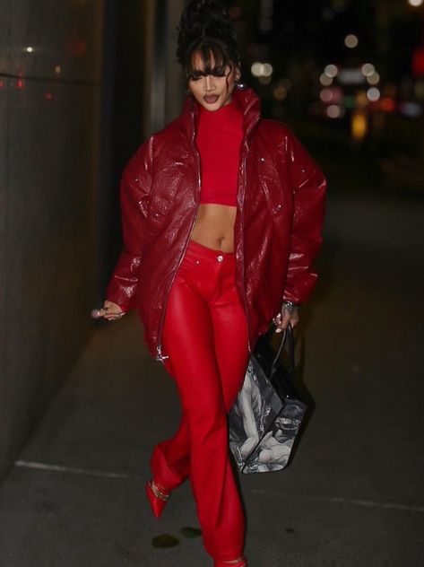 Red Leather Outfit Black Women, All Red Leather Outfit, All Red Outfit Baddie, All Red Outfit Black Women, Red Boots Outfit Black Women, Black And Red Outfit Baddie, Red Leather Dress Outfit, Red Outfit Women, Red Outfits Black Women