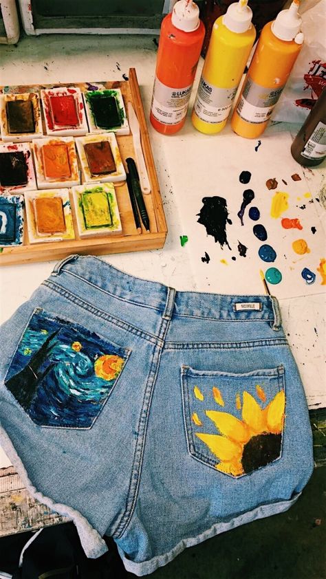 Van Gogh once drank yellow paint hoping it would make him happy again. People thought it was crazy, but I think we all have our own yellow paint :(: Painting Pants, فنسنت فان جوخ, Diy Pants, Starry Night Painting, Diy Vetement, Hippie Look, Painted Jeans, 자수 디자인, Painted Clothes