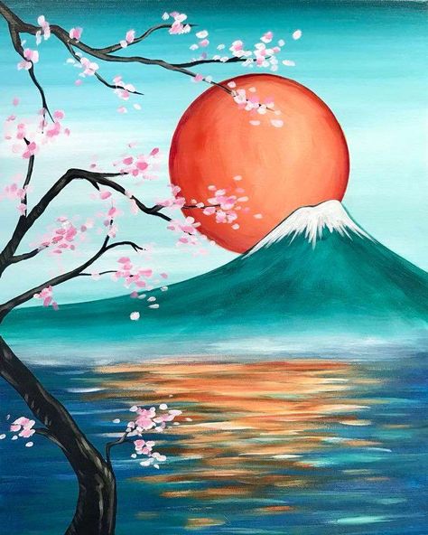 Painting Parties & Classes in Fort Collins - Paint & Sip Events Japanese Rising Sun, Easy Landscape Paintings, Sunrise Painting, Mountain Landscape Painting, Landscape Paintings Acrylic, Easy Canvas Painting, Simple Acrylic Paintings, Nature Art Painting, Japanese Painting