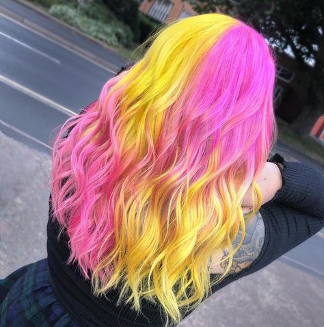 Vivid Summer Hair Color, Multi Hair Color Ideas, Vivid Hair Color Ideas Blondes, Summer Vivid Hair Color, Interesting Hair Color, Fantasy Hair Color Ideas, Watermelon Hair, Vibrant Hair Color Ideas, Pink Yellow Blue Hair