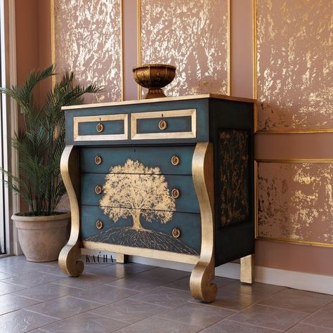 Re·design with Prima Furniture Decals Michaels Stores, Wallpaper And Painted Hutches With Gold Hardwear, Bold Furniture Flip, Gold Painted Furniture The Home Depot, Black Leaf Furniture, Metallic Leaf Furniture, Gold Leaf On Metal Furniture, Furniture Decals Bedroom, Removable Furniture Decals