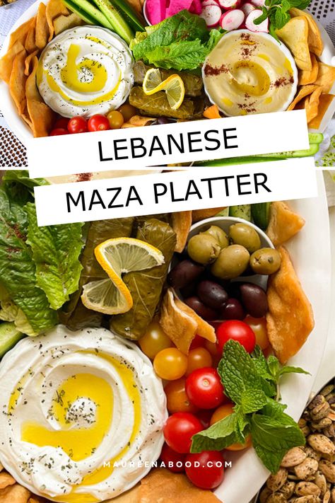 This Lebanese maza platter is the perfect party dish. It's healthy and luscious with hummus, labneh, fresh veggies, olives, pita chips, and more! Mezze Platter Lebanese, Lebanese Mezze Platter, Lebanese Charcuterie Board, Lebanese Mezze Platter Ideas, Turkish Mezze Platter Ideas, Labneh Platter, Kebab Recipes Chicken, Greek Mezze Platter, Mezza Platter