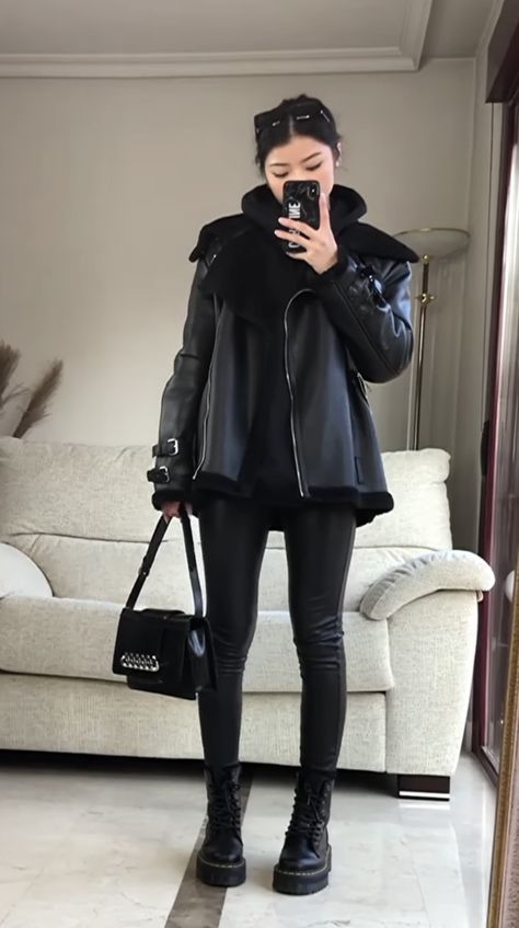 Edgy Comfy Outfits Winter, Hoodie With Leather Jacket, Winter Outfit Black, Black Faux Leather Jacket Outfit, Fall Edgy Outfits, Faux Leather Jacket Outfit, Black Outfit Winter, Black Fall Outfits, Cold Outfit