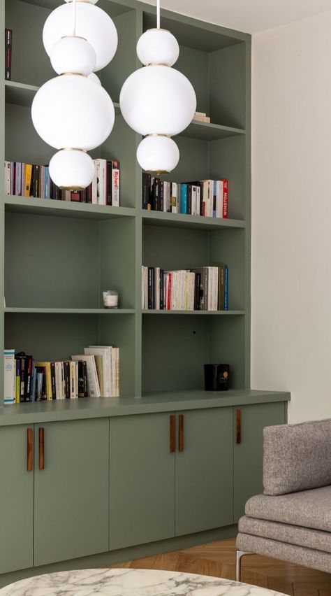 Forest Green Bookcase, Green Billy Bookcase, Green Built In Shelves, Green Built In Bookshelves, Sage Green Bookshelf, Modern Built In Bookshelves, Wall To Wall Storage, Bookshelf Green, Green Bookcase