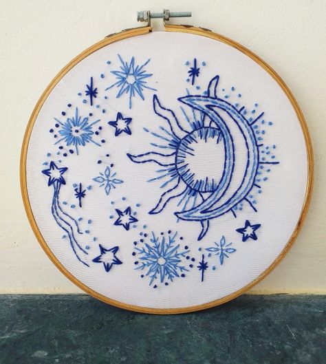 Hand Embroidery Clouds, Sun Moon Embroidery, Indie Embroidery, Lineart Embroidery, Spiritual Embroidery, Witch Apron, Moon And Stars Embroidery, Sun And Moon Embroidery, Astrology Embroidery