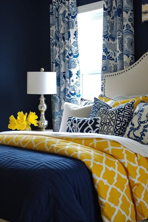 25 Refreshing Blue and Yellow Bedroom Ideas You’ll Love Blue And Yellow Bedroom Ideas, Yellow Nightstand, Blue And Yellow Bedroom, Blue Yellow Bedrooms, Yellow Stripes Wallpaper, Striped Accent Walls, Soft Blue Walls, Yellow Bedroom Ideas, Yellow Accent Walls