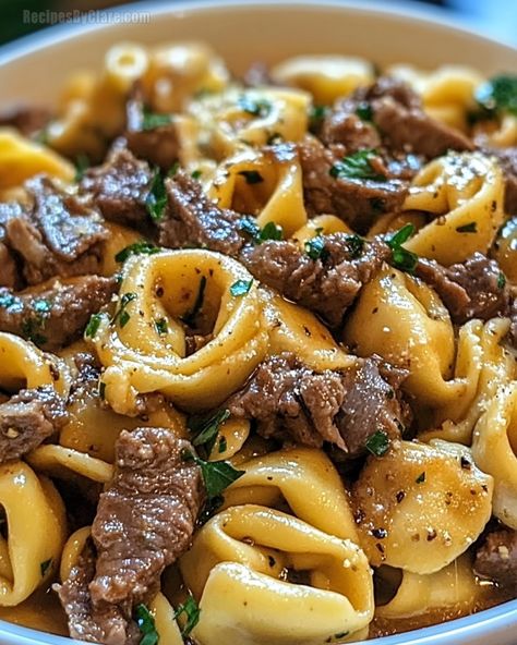 Philly Cheesesteak Mac And Cheese, Steak And Tortellini Recipes, Steak Alfredo Pasta Recipes, Philly Cheesesteak Tortellini Pasta, Steak Pasta Recipes, Philly Cheese Steak Pasta, Steak And Pasta, Philly Cheesesteak Pasta, Sauteed Steak