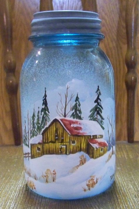 Painting On Mason Jars, Painted Christmas Jars, Painting Canning Jars, Mason Jar Art, Mason Jar Christmas Crafts, Painting Glass Jars, Hand Painted Wine Bottles, Painted Bottles, Blue Mason Jars