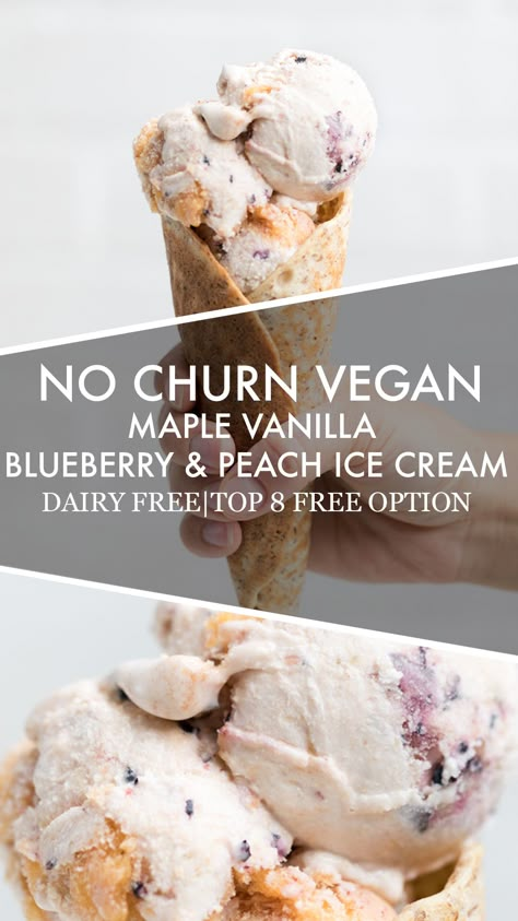 Vegan Vanilla Blueberry Peach Ice Cream (No Churn) Ice Cream Dairy Free, Cheesecake Ice Cream Recipe, Ice Cream No Churn, Strawberry Cheesecake Ice Cream, Vegan Peach, Vegan Ice Cream Recipe, Healthy Ice Cream Recipes, Blueberry Ice Cream, Peach Ice Cream