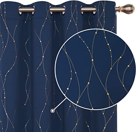 Deconovo Wave Line with Dots Gold Foil Print Design Grommet Top Blackout Curtains for Bedroom Navy Blue W52 x L108 Inch Set of 2 Blue And Gold Curtains, Bedroom Navy, Navy Blue Curtains, Sheer Blinds, Light Blocking Curtains, Burlap Curtains, Gold Curtains, Bedroom Curtains, Gold Waves