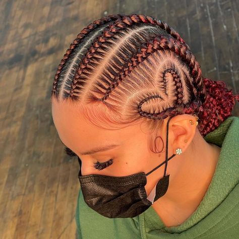 THE BRAID TECHNICIAN 🪡 on Instagram: “Book: 6 Stitch Braids , Add on heart & Curly bun💕 - - - - #stitchbraids #6braids #heartbraids #cleanparts #hairstylist #passiontwists…” Straight Back Braids, Bun With Curls, Braided Cornrow Hairstyles, Stitch Braids, Braided Ponytail Hairstyles, Small Braids, Feed In Braid, Braids With Curls, Braid Designs