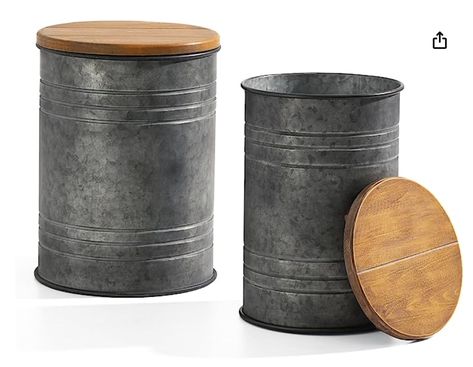 Fun and inexpensive accent for your cosy cabin or farmhouse rustic decor, comes in tons of different colors and styles Ottoman Seat, Rustic End Tables, Farmhouse End Tables, Nesting End Tables, Metal End Tables, Metal Barrel, Accent Side Table, Metal Stool, Galvanized Iron