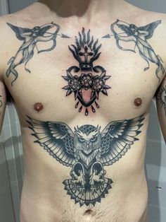 #tattooartist #inkedlife #tattoogallery #bodyart #tattooinspiration #tattooideas #inkedup #tattooaddict #tattoosociety #tattooart #artistsofinstagram #tattoostudio #tattooworld #inklove #tattoomaster #tattoogoals #theartoftattoos #tattedup #skinart Traditional Chest Piece Tattoo Men, Tradition Chest Tattoo, Owl Stomach Tattoos Men, Sacred Heart Tattoo On Chest, Sacred Heart Chest Tattoo Men, Traditional Tattoos Chest Piece, American Tradition Chest Tattoo, Elbow Scar Tattoo Cover Up, Sacred Heart Chest Tattoo Female