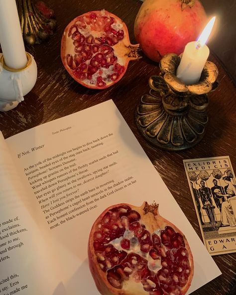 Persephone’s Pomegranates! Wanted to share a couple more photos from the shoot and to remind you to read my Substack post all about pomegranates! Also peep this Hades & Persephone/pomegranate-related poem of mine on slides 2 & 3 that is in @tenderphilosophia ! 🤭 I have some more photos that I’ll be saving for my next pomegranate piece, which may or may not be about why we tend to romanticize Hades & Persephone’s union 👀 (poem on slide 4 is by Keaton St. James) Link in bio to read the ful... Persephone Devotee, Persephone Alter, Persephone Core, Lady Persephone, Persephone Pomegranate, Persephone Aesthetic, Queen Persephone, Deity Worship, Gods Aesthetic