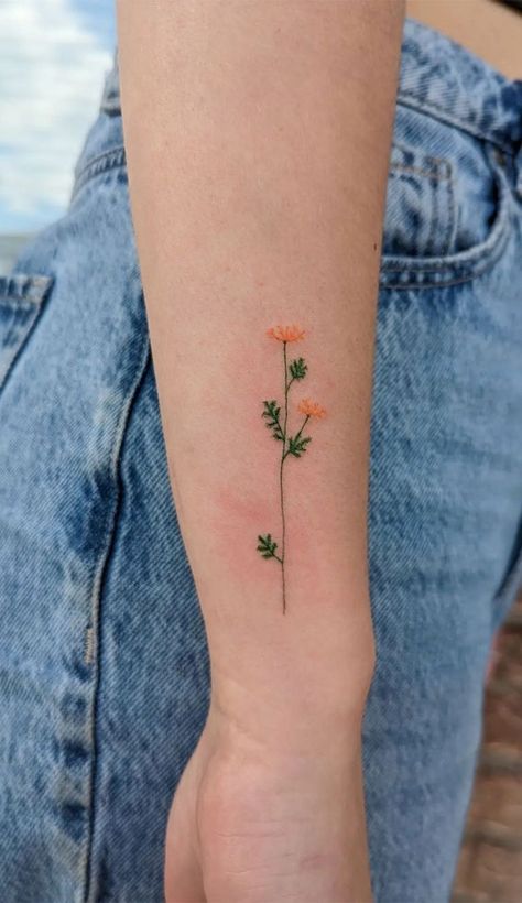 tattoo ideas, tattoo ideas for women, unique tattoo ideas, tattoo ideas for couples, simple tattoo ideas, small tattoos, tiny tattoo ideas Green Ink Tattoo Simple, Small Simple Color Tattoos, Floral Simple Tattoo, Fine Line Colour Tattoo, Small Plant Tattoos For Women, Orange Flowers Tattoo, Pressed Flower Tattoo, Small Orange Tattoo, Small Marigold Tattoo