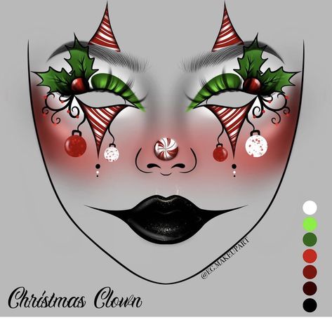 Christmas Clown Makeup, Goth Christmas Makeup, Christmas Eyeliner, Goth Eyeliner, Snow Makeup, Christmas Clown, Xmas Makeup, Christmas Eyeshadow, Makeup Charts