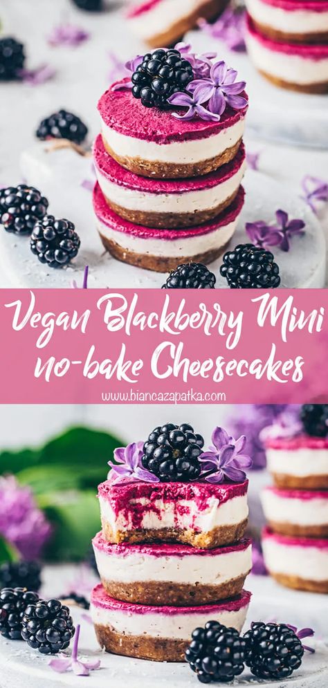 These easy no-bake mini blackberry cheesecakes are raw vegan, gluten-free, soy-free, creamy and so delicious! They taste like a combination of cheesecake and ice cream, making these cupcakes to the perfect healthy, simple dessert for summer or any other day! #cheesecake #rawvegan #veganrecipes #nobake #recipes #dessert #vegan #rawcheesecake #glutenfree #vegancheesecake #minicheesecake #blackberry #berries #fruit #creamy #rawfood | biancazapatka.com Vegan Cheesecake Cupcakes, No Bake Cupcakes, Vegan No Bake Desserts, Lavender Cheesecake, Blackberry Lavender, Vegan No Bake, Raw Vegan Cheesecake, Patisserie Vegan, Raw Cheesecake