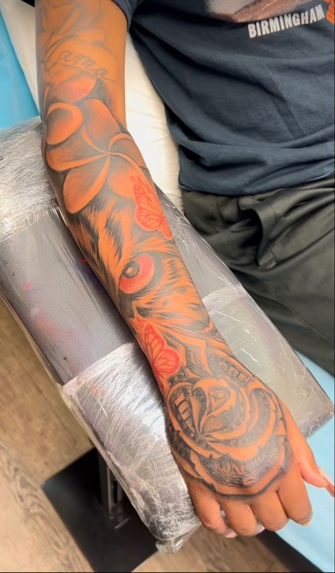 Both Arms Tattoo Sleeve, Hand And Forearm Tattoo For Men, Outside Arm Tattoo, Outside Forearm Tattoo Men Ideas, Forarm Sleeve, Forearm Sleeve Tattoo Women, Tattoo Ideas Arm Sleeve, Color Arm Tattoo, Wrap Around Forearm Tattoo