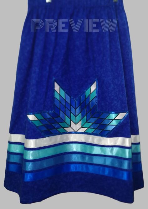 Blue Ribbon Skirts Native American, Native Applique Patterns, Ribbon Dress Native American, Ribbon Skirts Pattern, Native Clothes, Ribbon Dresses, American Indian Clothing, Leather Belt Crafts, Sundance Dress