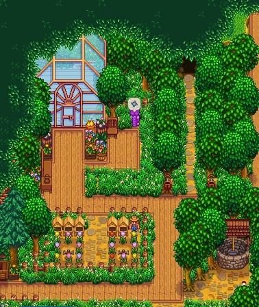 Farm Decor Stardew Valley, Plant Room Stardew Valley, Stardew Summer Crops, Beehive Setup Stardew Valley, Stardew Valley Landscape, Stardew Valley Forest Farm Layout Ideas, Greenhouse Ideas Stardew Valley, Aesthetic Stardew Valley Farm Layout, Stardew Workbench Layout