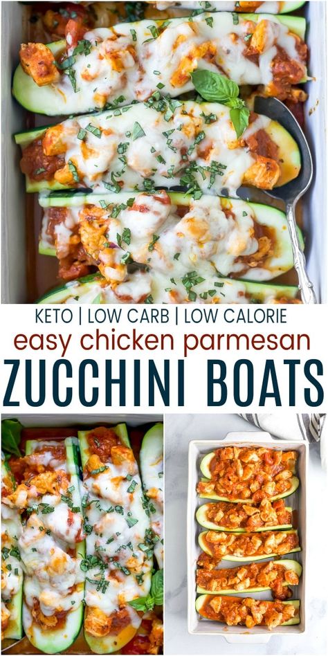 Chicken Parmesan Zucchini Boats Recipe, Chicken Parmesan Stuffed Zucchini Boats, Zucchini Boats Chicken Parmesan, Low Calorie Zucchini Boats, Chicken Parmesan Zucchini Boats, Low Carb High Protein Dinner, Protein Dinner Recipes, Healthy Chicken Parmesan, Mediterranean Foods