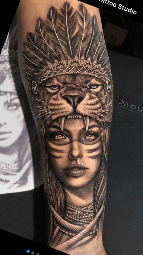 | Creative Tattoos Aesthetic By Ava Yates Tattoo Indien, Indian Women Tattoo, Indian Tattoo Design, Female Warrior Tattoo, Tattoos Aesthetic, Chicano Tattoos Sleeve, Native American Tattoo, Aztec Tattoo Designs, Native American Tattoos