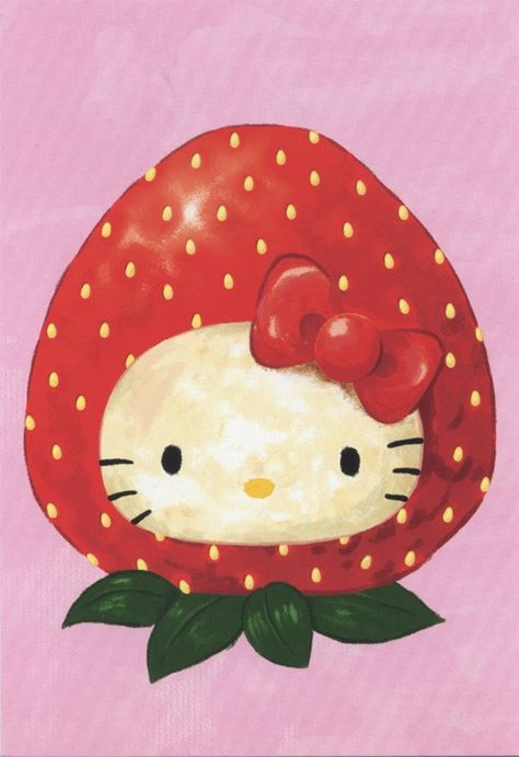 Prints For Walls Hello Kitty, Hello Kitty Aesthetic Painting, Strawberry Hello Kitty Wallpaper, Hello Kitty Art Painting, Hello Kitty Fresa, Sanrio Painting, Hello Kitty Prints, Hello Kitty Poster, Strawberry Hello Kitty