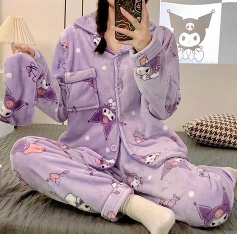 Kuromi Clothes, Kawaii Winter, Sanrio Clothes, Kawaii Pajamas, Womens Flannel Pajamas, Girls Flannel, Kitty Clothes, Warm Pajamas, Hello Kitty Clothes