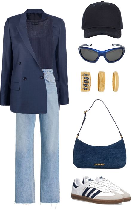 Outfit Inspiration: Navy Blue Navy Blue And Denim Outfits, Blue Leather Blazer Outfit, Navy Blue Casual Outfit, Ny Cap Women Outfit, Navy Blue Bag Outfit, Navy Bag Outfit, Blue Jacket Outfit Women, Navy Blue Blazer Outfits For Women, Navy Samba