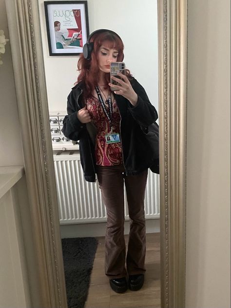 Red Top Outfit, Platform Docs, Corduroy Flares, Red Paisley, Paisley Top, Brown Corduroy, Black Denim Jacket, Red Top, Fit Check