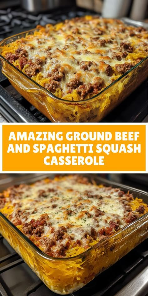 A baked Ground Beef And Spaghetti Squash Casserole in a glass dish, topped with melted cheese and ground beef, highlighting a savory casserole recipe combining spaghetti squash and hearty ground beef. Beef And Spaghetti Squash, Spaghetti Squash Casserole Recipes, Beef Spaghetti Squash, Ground Beef Spaghetti, Ground Turkey Dishes, Squash Recipes Easy, Beef Spaghetti, Healthy Squash Recipes, Spaghetti Squash Recipes Easy