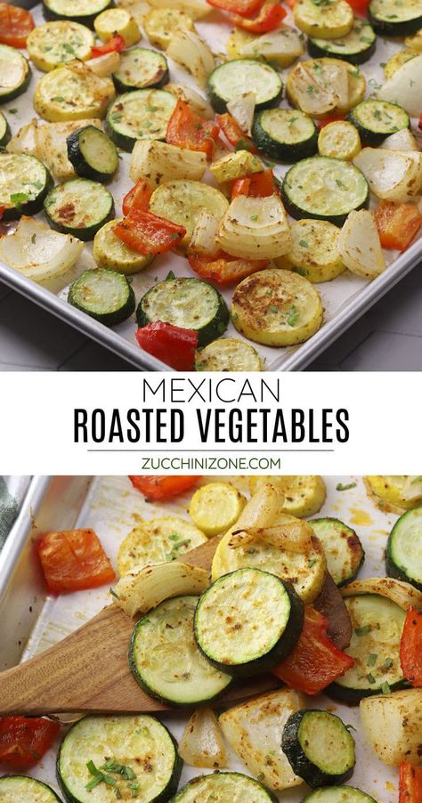 Mexican roasted vegetables recipe by Zucchini Zone. Mexican roasted vegetables are the perfect side dish for your your next Tex-Mex meal, taco night, or addition to a taco salad. Made with simple ingredients and flavorful spices like chili powder, cumin, and coriander. #mexicanroastedvegetables #roastedvegetables #zucchini #squash #bellpepper #onion #sidedish #recipe Mexican Roasted Vegetables, Mexican Vegetables, Roasted Veggies Recipe, Mexican Zucchini, Taco Side Dishes, Zucchini Side Dishes, Zone Recipes, Vegetable Chili, Mexican Side Dishes