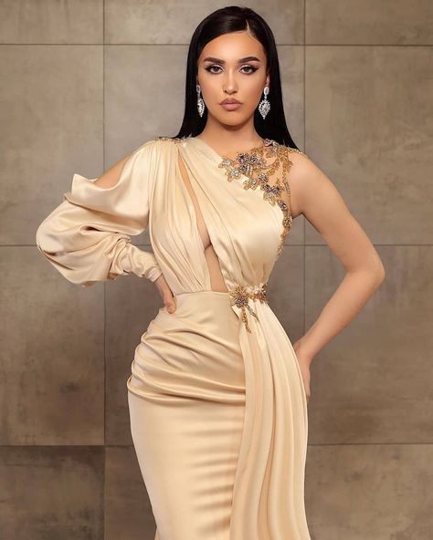 Long Sleeve Mermaid Prom Dress, Gold Reception, Champagne Evening Dress, Outfits Dress, Satin Evening Dresses, Dresses Formal Elegant, Elegant Party Dresses, Evening Gowns Elegant, Satin Bridesmaid Dresses