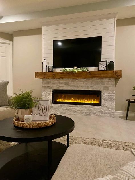 Tv Mantle Decor, Stone Electric Fireplace, Diy Shiplap Fireplace, Electric Fireplace Living Room, Basement Fireplace, Built In Electric Fireplace, Electric Fireplace Wall, Build A Fireplace, Fireplace Tv Wall