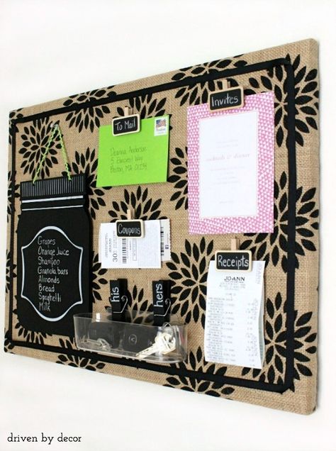 Cool Bulletin Boards, Burlap Bulletin Boards, Office Bulletin Boards, Diy Bulletin Board, Driven By Decor, Church Bulletin Boards, Family Command Center, Organization Board, Paper Clutter