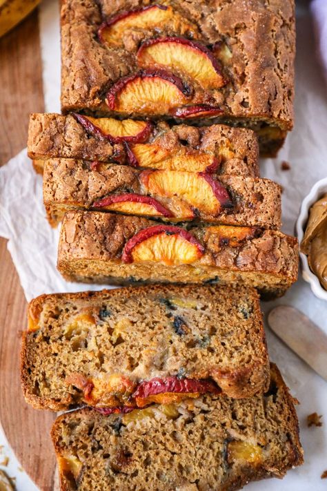 Peach Banana Recipes, Peach And Banana Recipes, Banana Peach Bread Recipe, Peach Banana Bread, Peach Breakfast Bread, Peach Bread With Fresh Peaches, Vegan Peach Bread, Peach Quick Bread, Sourdough French Toast