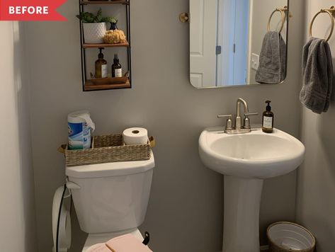 Post Image Bathroom Floor Ideas, Powder Room Redo, Cork House, Picture Frame Wainscoting, Blue Grey Wallpaper, Bathroom Upstairs, Rental Bathroom, Bathroom Shelving, Powder Room Makeover