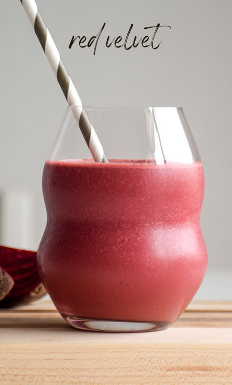 Red Velvet Smoothie - made with beets! This super healthy and easy smoothie has a hint of cocoa, maple syrup, and creamy yogurt. Blend it all together and enjoy. ♥ Beet Smoothie, Beet Greens, Raw Cacao, Easy Smoothies, Stir Fries, Plain Greek Yogurt, Unsweetened Cocoa, Mortar And Pestle, Fresh Produce