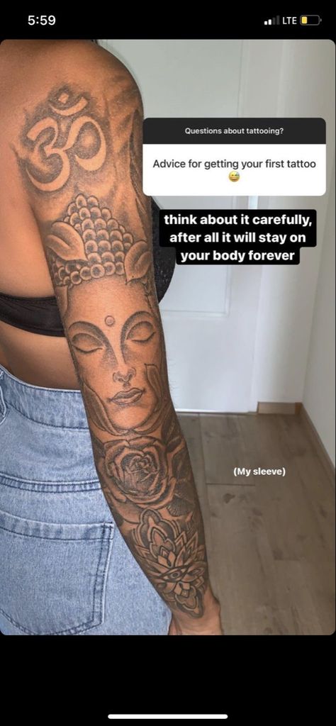 Buddah Sleeve Tattoo, Buddha Tattoo Sleeve, Portrait Tattoo Sleeve, Black People Tattoos, Unique Half Sleeve Tattoos, Arm Sleeve Tattoos For Women, African Tattoo, Om Tattoo, Neck Tattoos Women