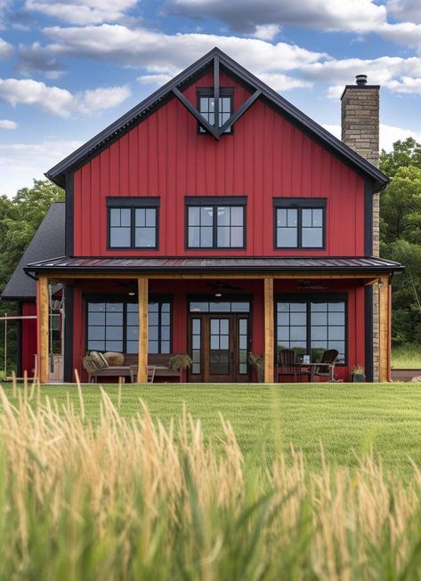 Red Ranch House, Green Exterior Barndominium, Red And Black Barndominium, Red Iron Building Homes, Red Barndominium, Log Cabin Red Metal Roof, Rustic Red Barndominium, Barn Red House Exterior, Red Barn House